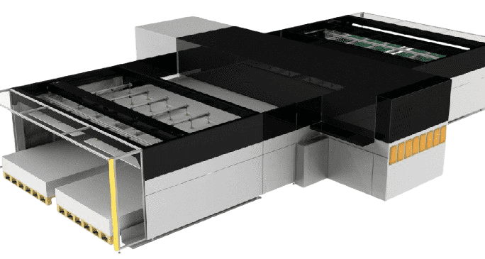 3D model of a modern, industrial printing press machine with sections visible